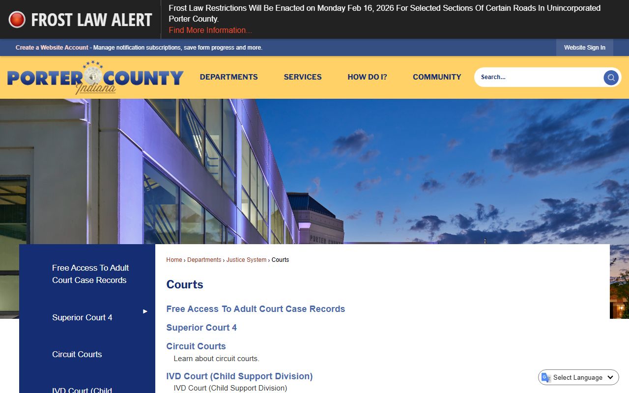 Porter County courts page for Porter County family court records