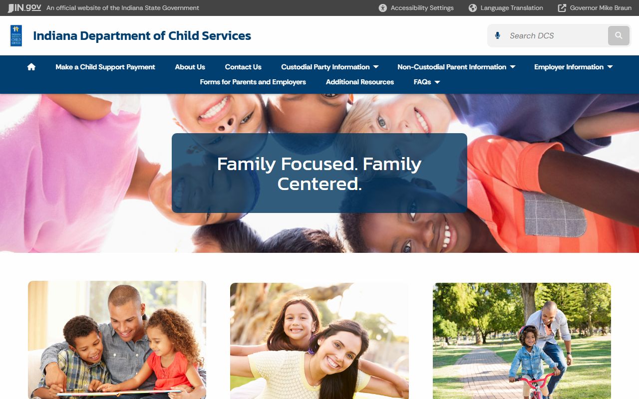Indiana Child Support Bureau website showing services and contact information for family court child support cases