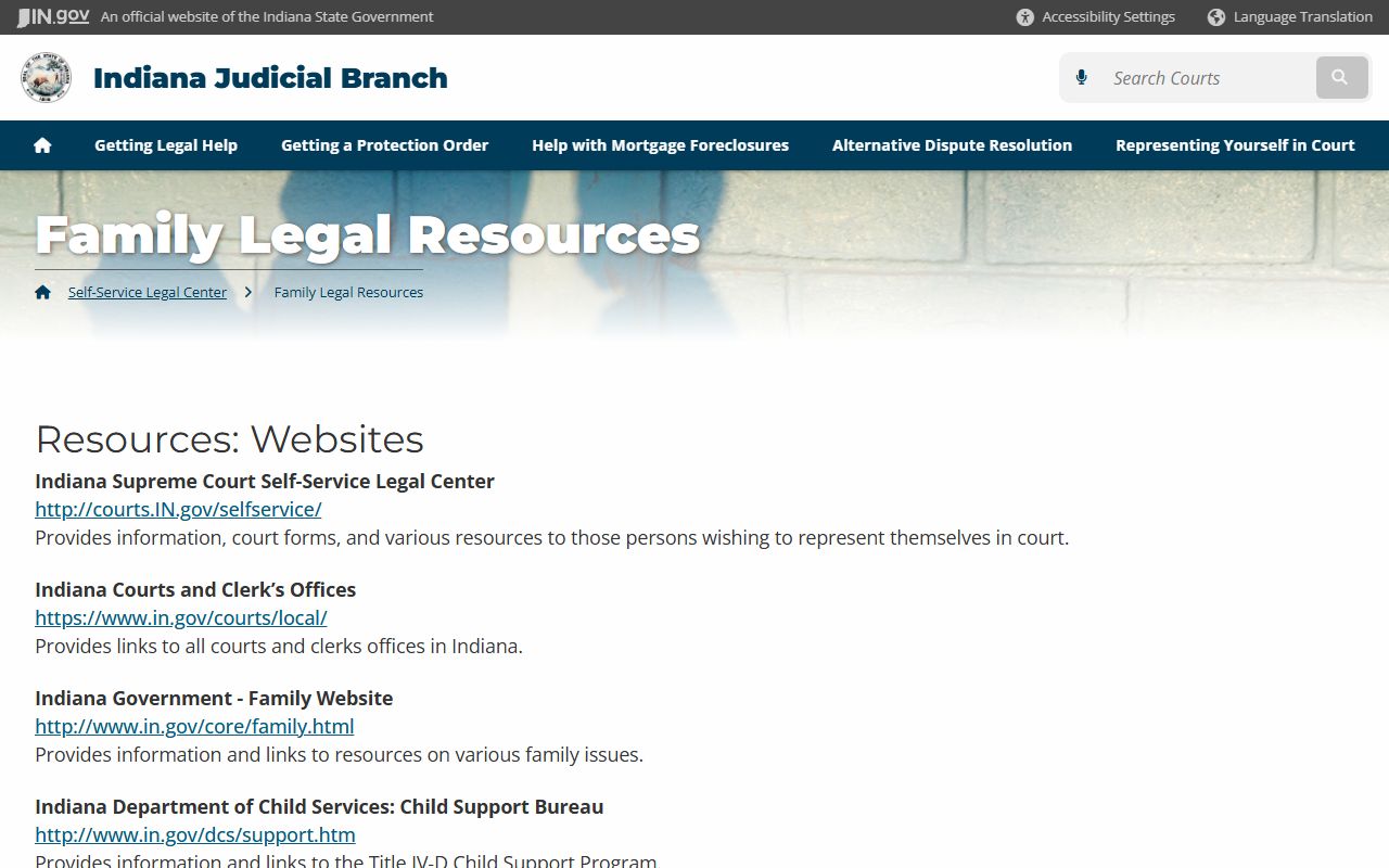 Indiana family legal resources page listing organizations and contact numbers for family court help