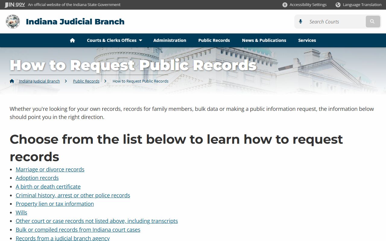 Indiana courts records request guide showing steps for obtaining family court records