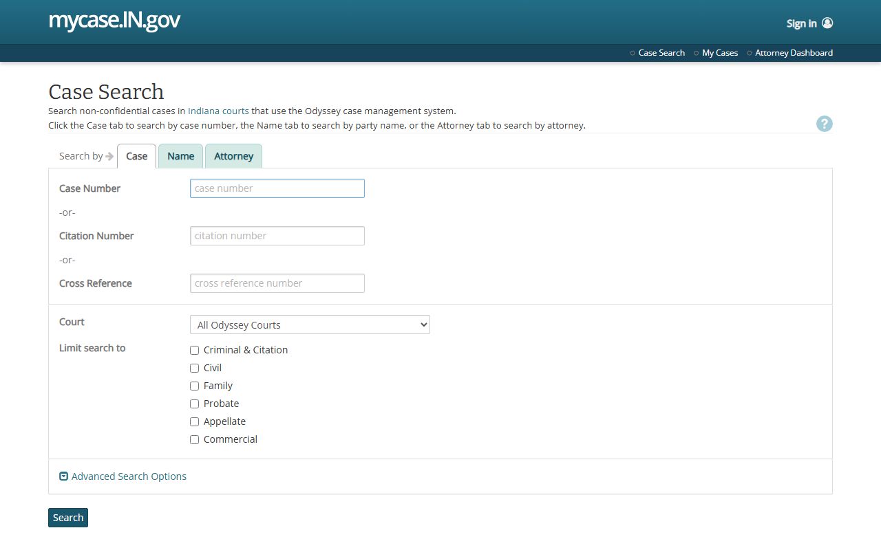 Indiana MyCase public access portal search screen showing name search and case number options for family court records