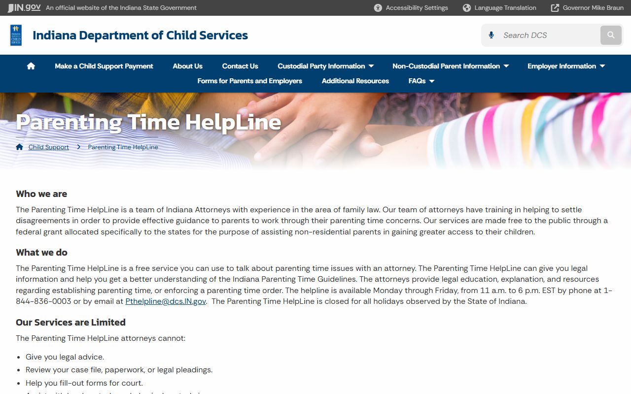 Indiana Parenting Time Helpline information page showing hours and contact details for family court parenting questions
