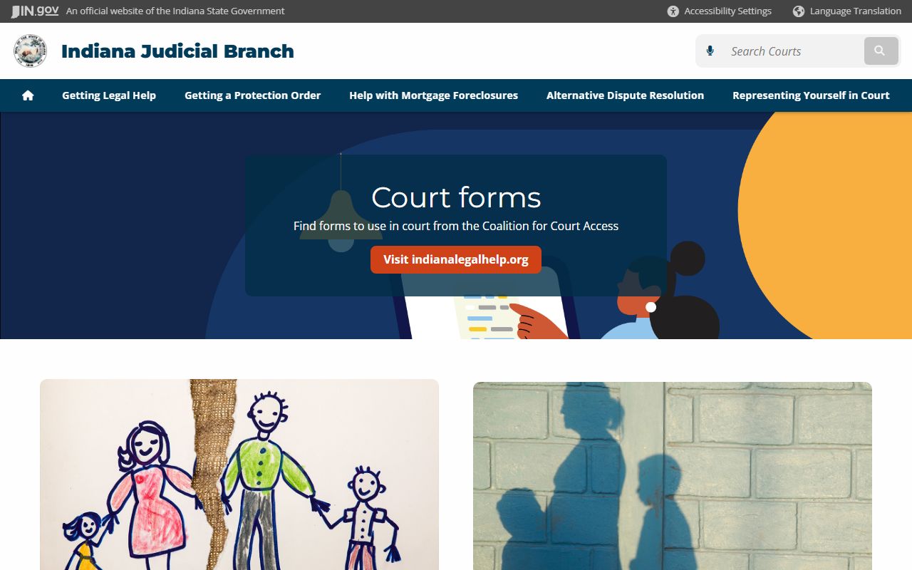 Indiana Self-Service Legal Center homepage for family court self-representation resources