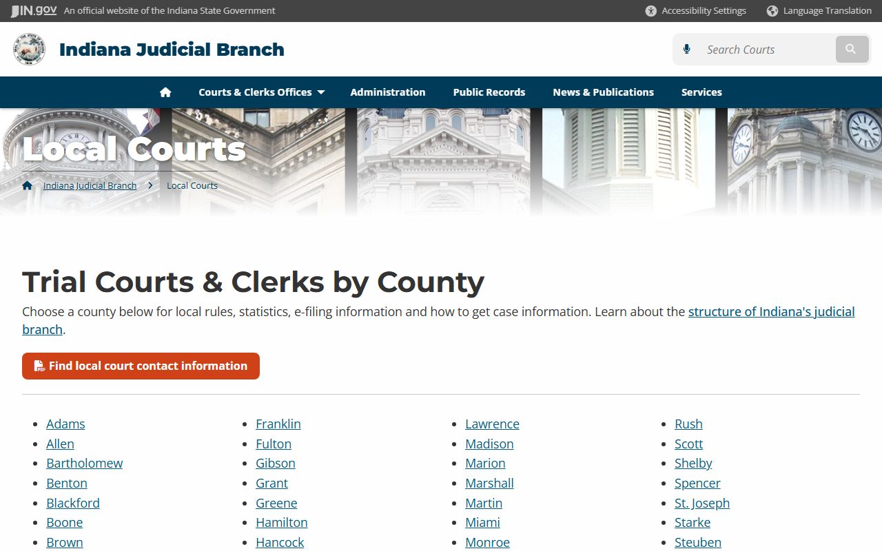 Indiana trial courts directory listing all 92 county courts with contact information for family court records